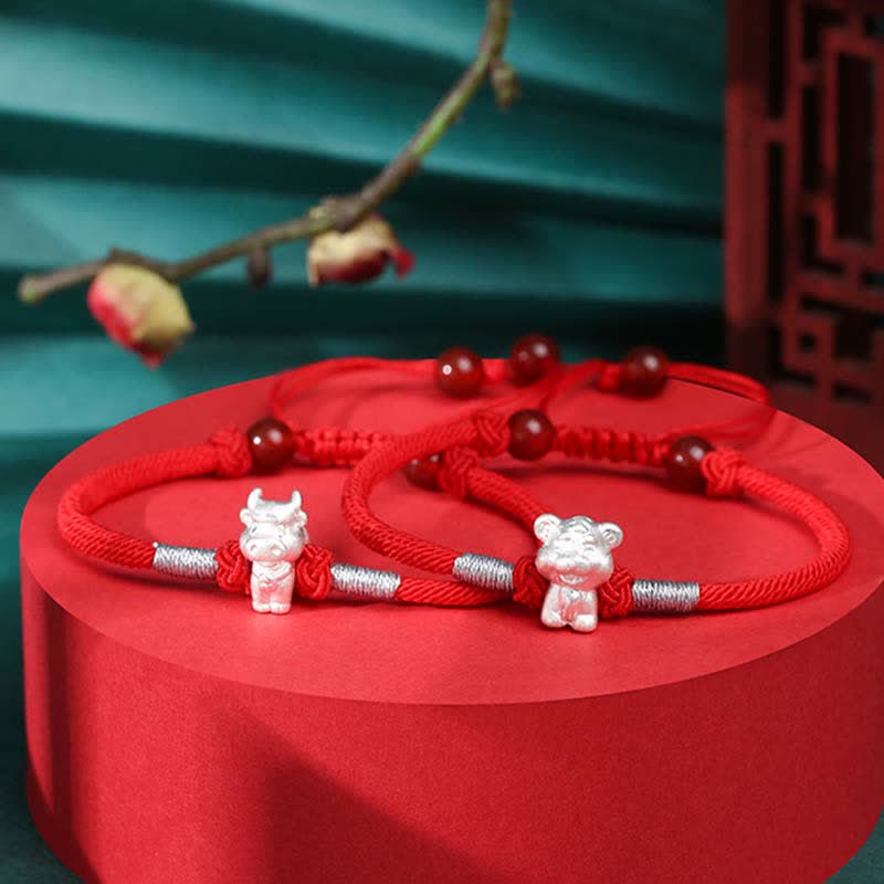 Bracelet en argent sterling 999 avec Buddha Stones et signe du zodiaque chinois, cordon rouge, force et chance