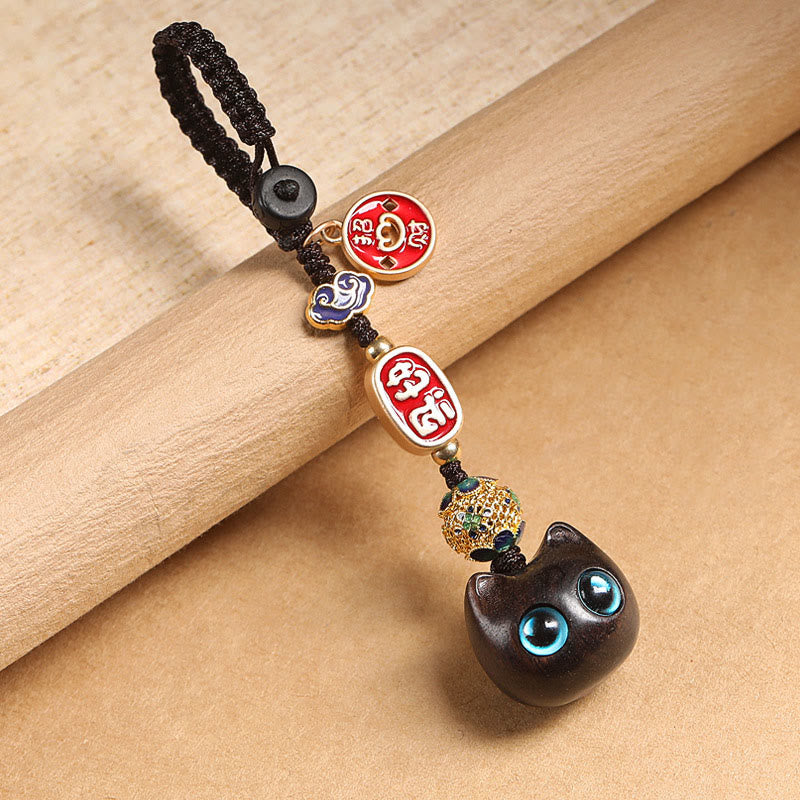 Porte-clés en bois d'ébène avec Buddha Stones, chat porte-bonheur, nuage de bon augure, paix, décoration à suspendre pour téléphone - Chat aux yeux bleus - Porte-clés - image 10