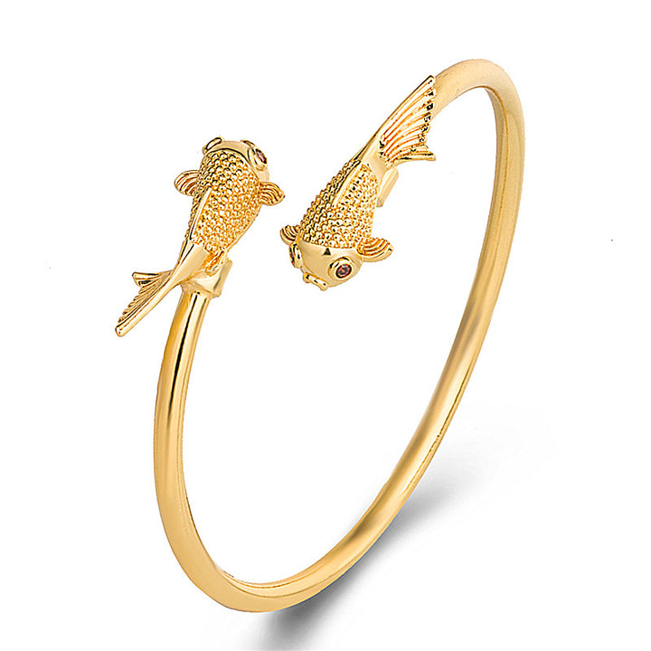 Bracelet de prospérité et de richesse en cuivre avec double poisson Koi et Buddha Stones