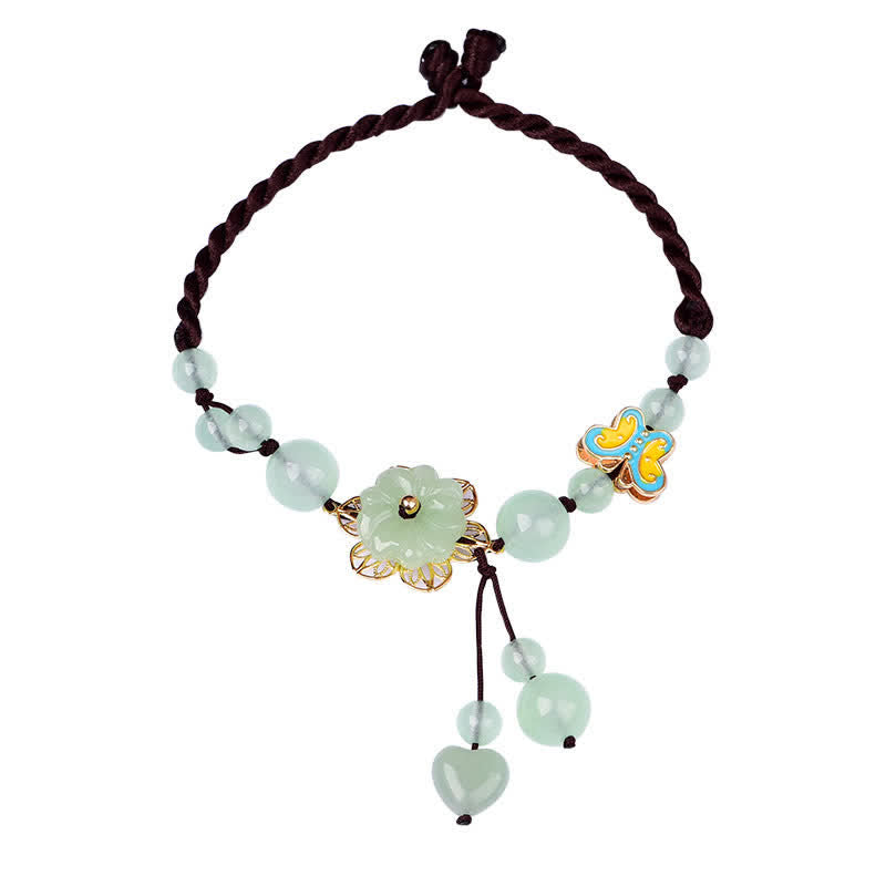 Buddha Stones Bracelet de cheville Fleur de Jade Papillon Chance Abondance