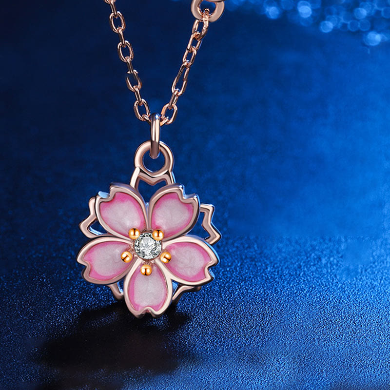 Collier avec pendentif rotatif en argent sterling 925 en forme de fleur de cerisier avec Buddha Stones