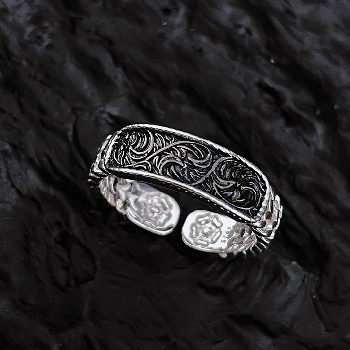 Bracelet manchette porte-bonheur en cuivre gravé avec motif floral de la dynastie Tang et anneau réglable
