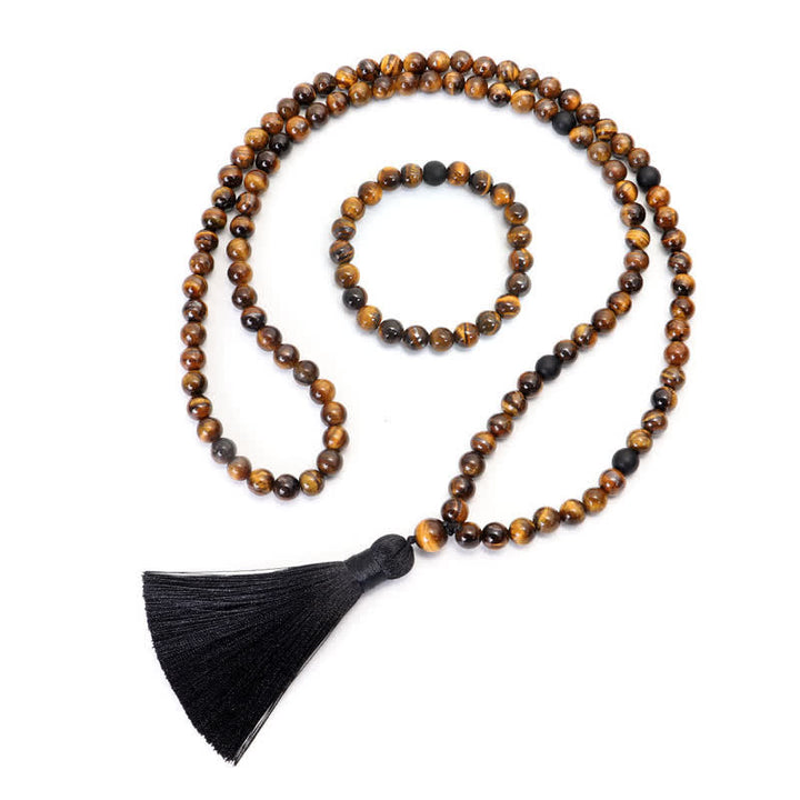 Bracelet Mala 108 Buddha Stones avec pompon de protection en œil de tigre