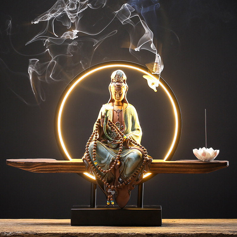 Buddha Stones Bouddha Avalokitesvara Céramique Lotus Relaxation Brûleur d'encens Décoration