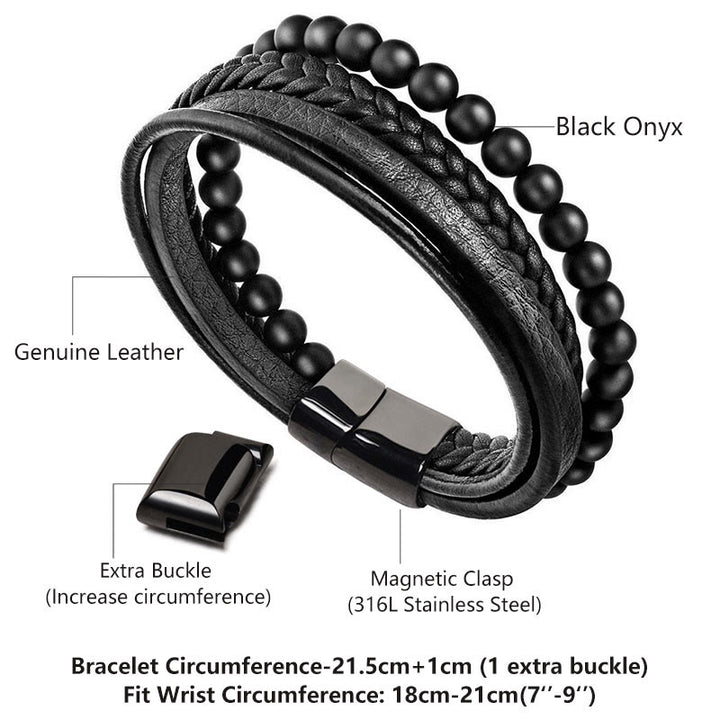 Bracelet en cuir avec perles en pierre de lave naturelle et onyx noir Buddha Stones