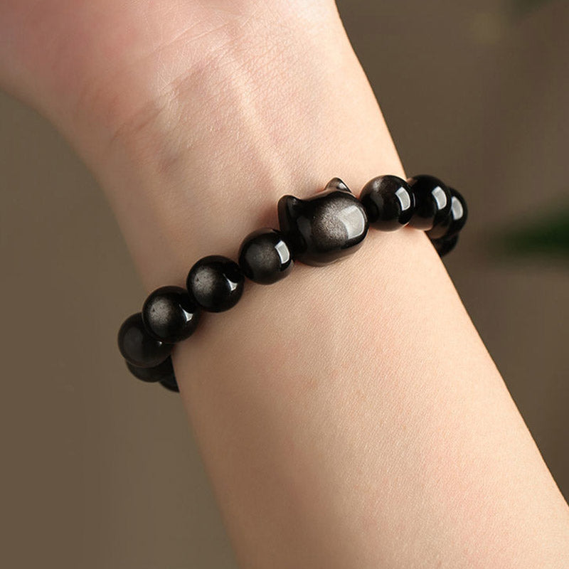 Bracelet de protection porte-bonheur en obsidienne dorée et argentée avec Buddha Stones et jolie patte de chat porte-bonheur - image 18