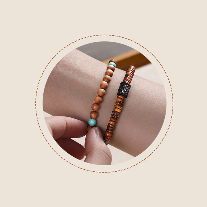 Bracelet double tour en bois de santal et turquoise, petites feuilles, Buddha Stones