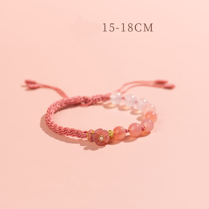 Bracelet en corde fait main avec Buddha Stones en agate naturelle dégradée et nœud de réincarnation en fleur de pêcher