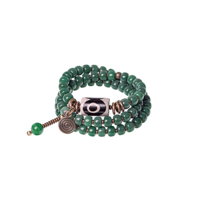 Bracelet triple tour en perles de Bodhi Dzi cyan avec perles de sagesse et de paix