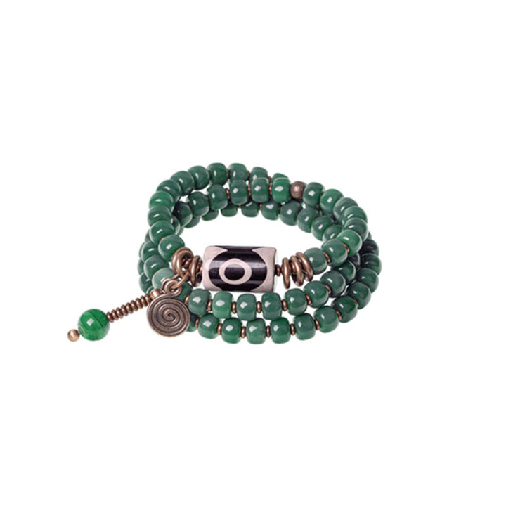 Bracelet triple tour en perles de Bodhi Dzi cyan avec perles de sagesse et de paix