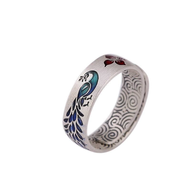 Buddha Stones bonheur en argent sterling 999 avec paon et nuages de bon augure gravés de fleurs de lotus