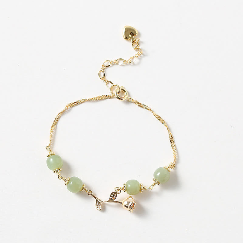 Bracelet porte-bonheur en jade Hetian plaqué or 14 carats avec Buddha Stones et fleur de rose dorée