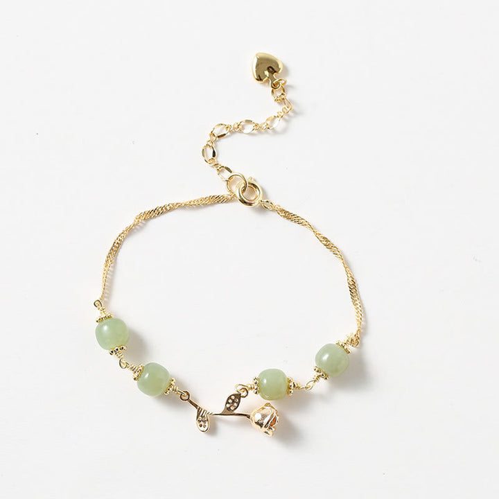 Bracelet porte-bonheur en jade Hetian plaqué or 14 carats avec Buddha Stones et fleur de rose dorée