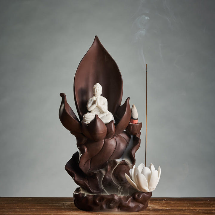 Buddha Stones Bouddha Lotus Avalokitesvara Illumination Brûleur d'encens en argile violette Décoration