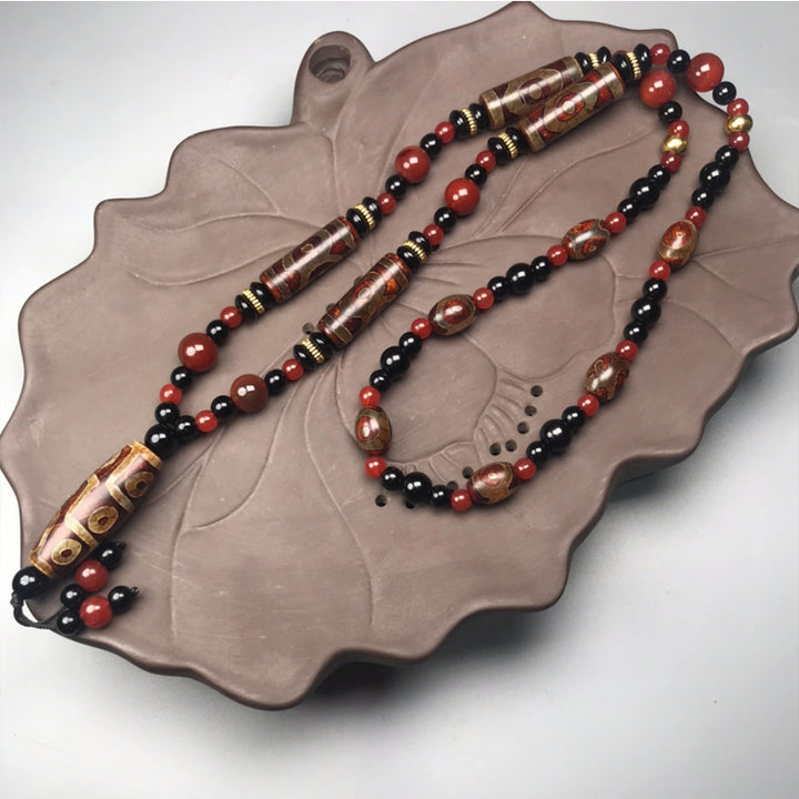 Collier Buddha Stones Dzi à neuf yeux en agate rouge pour la santé et la richesse
