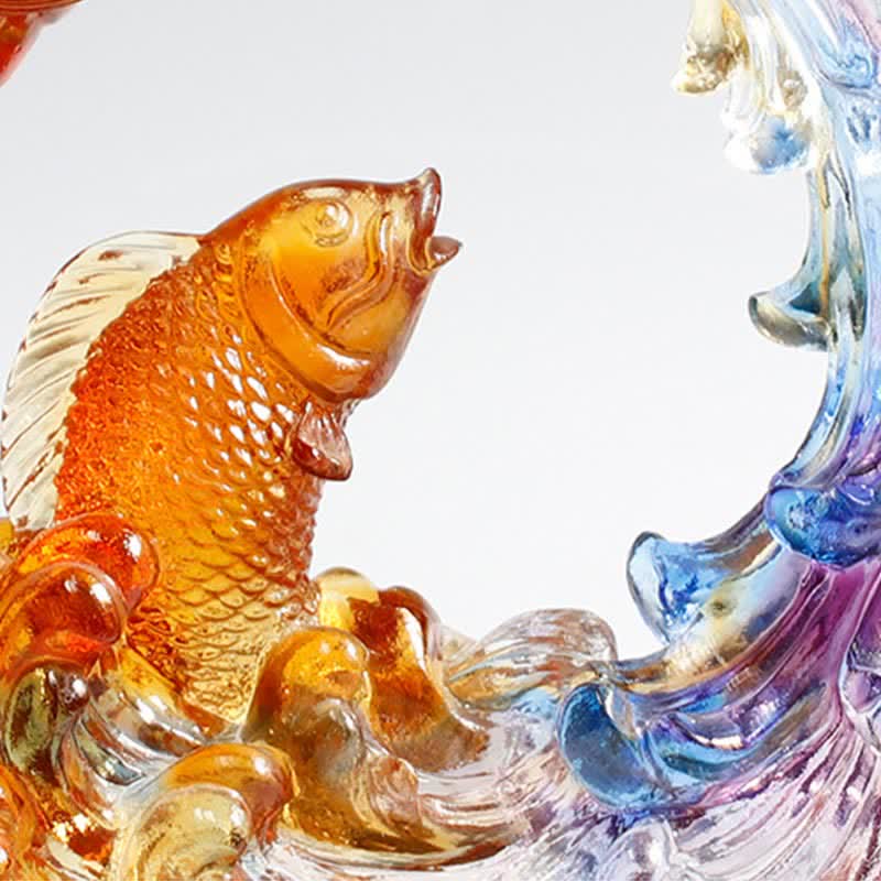 Buddha Stones Feng Shui Dragon Koi Fish Pièce d'art en cristal Liuli faite à la main Décoration de bureau à domicile
