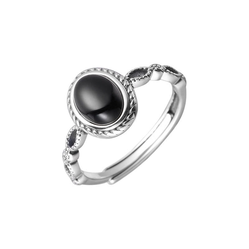 Buddha Stones Bague de fortune en argent Sterling 925 Onyx noir