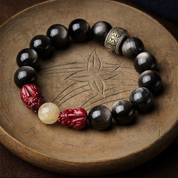 Bracelet de protection en Buddha Stones dorée et brillante PiXiu Cinabre Om Mani Padme Hum