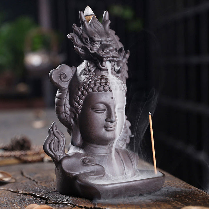 Buddha Stones Dragon Bouddha Nuages de bon augure Brûleur d'encens de guérison en argile violette Décoration