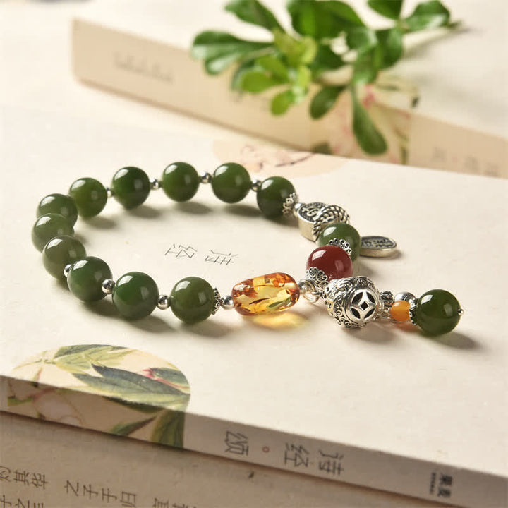 Bracelet de réussite en argent sterling 925 Buddha Stones et jade cyan Hetian