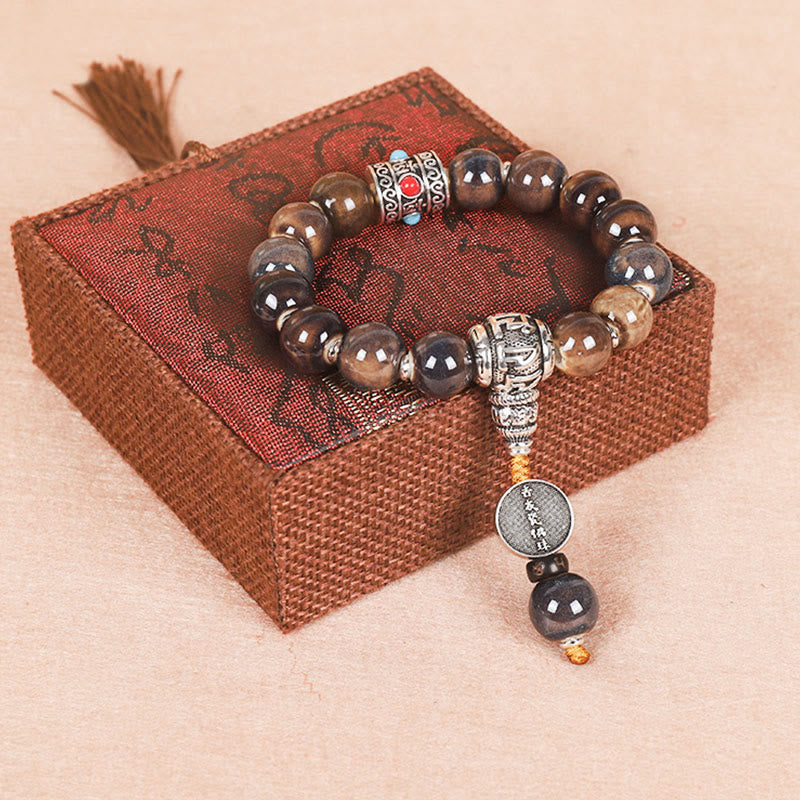 Bracelet de sagesse en perles de verre gravées Buddha Stones et roue de prières tibétaines Om Mani Padme Hum Dorje Vajra