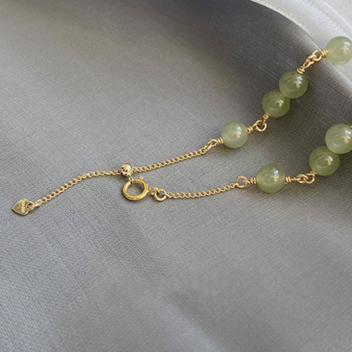 Bracelet chaîne de prospérité en perles de jade Hetian plaqué or 14 carats