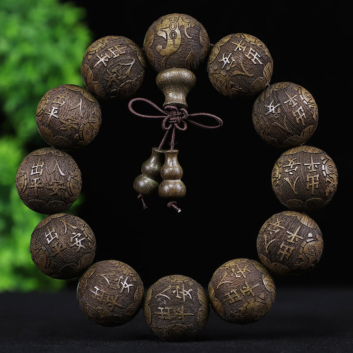 Bracelet de chaleur sculpté PiXiu en bois de rose, ébène, pièce de cuivre et Buddha Stones, signe du zodiaque chinois