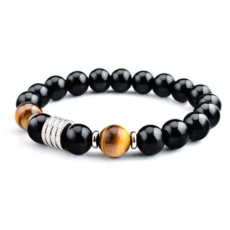 Bracelet de force et d'accomplissement en obsidienne noire naturelle œil de tigre Buddha Stones - Obsidienne noire et œil de tigre - Cordon élastique (tour de poignet : 17 cm) - image 0
