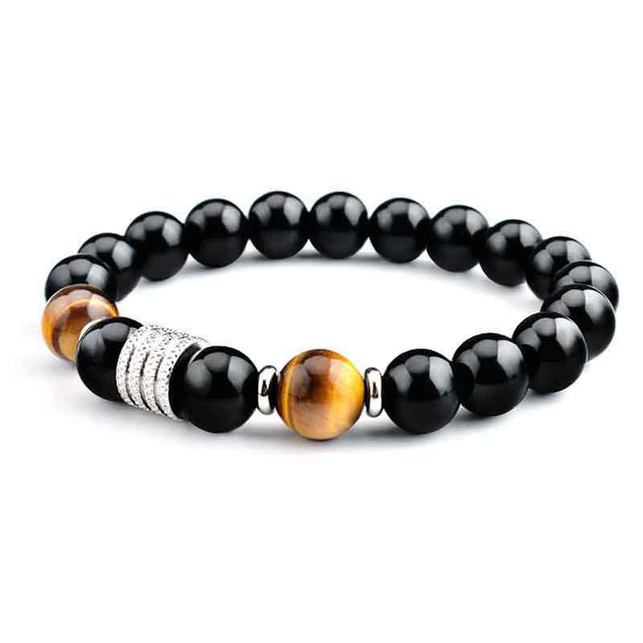 Bracelet de force et d'accomplissement en obsidienne noire naturelle œil de tigre Buddha Stones - Obsidienne noire et œil de tigre - Cordon élastique (tour de poignet : 17 cm) - image 0