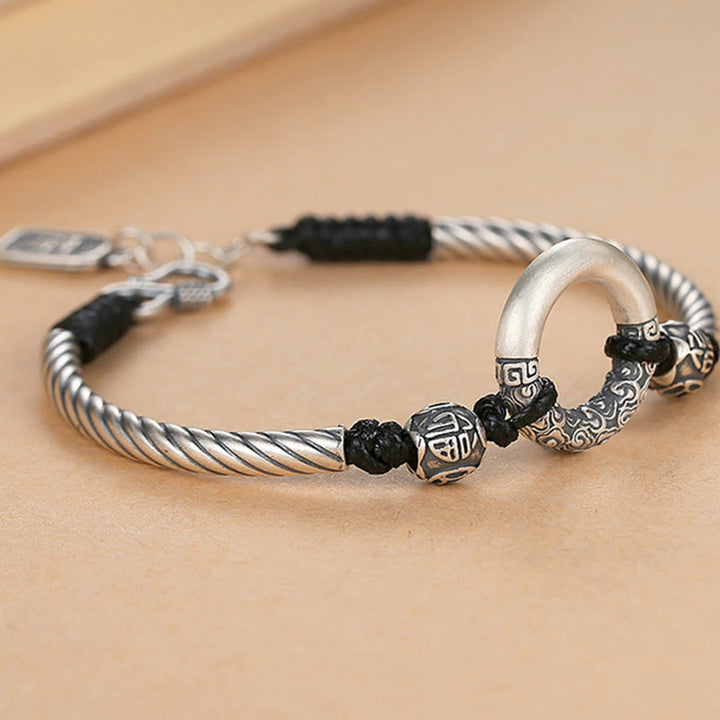 Bracelet de fortune en argent sterling 999 avec boucle de paix et personnage Fu en pièces de cuivre et pierres de Buddha Stones