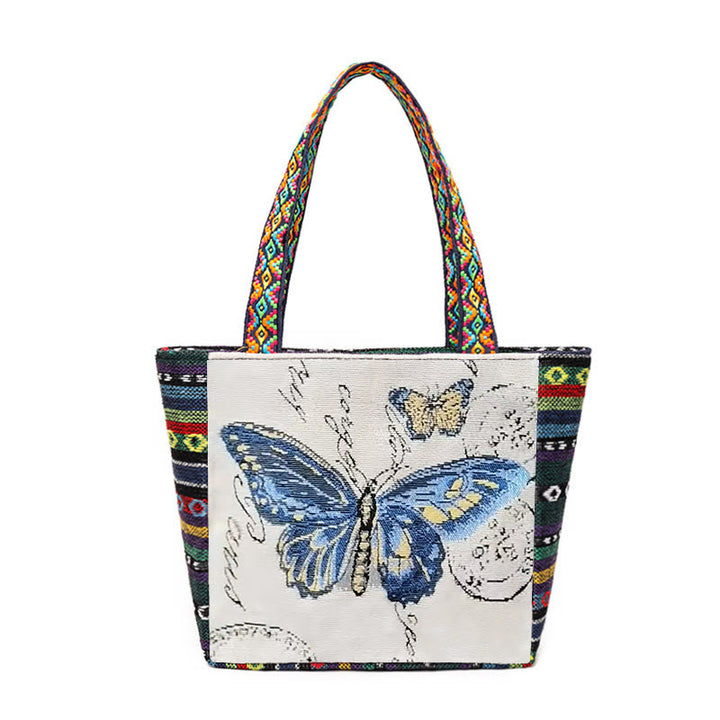 Sac fourre-tout en toile brodé de grande capacité avec Buddha Stones, éléphant et papillon