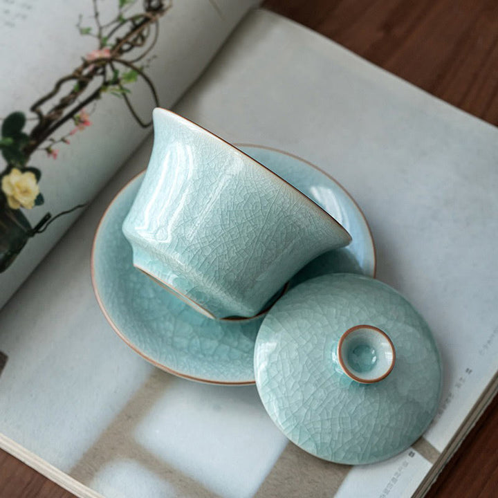 Tasse à thé et soucoupe en céramique avec couvercle en forme de Buddha Stones, style rétro, vert glacé, Gaiwan, Sancai