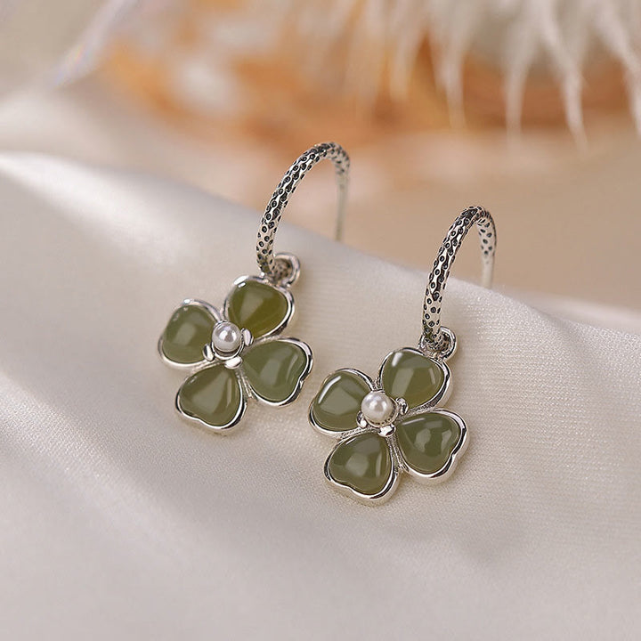 Boucles d'oreilles trèfle à quatre feuilles en argent sterling 925 et jade cyan naturel avec pierres de Buddha Stones