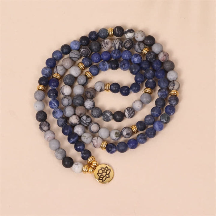 Bracelet Mala 108 Buddha Stones, sodalite, jaspe zèbre, cristal, lotus, force