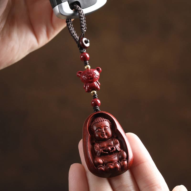 Porte-clés de protection en Buddha Stones en bois de santal rouge à petites feuilles, amulette du zodiaque chinois en cinabre