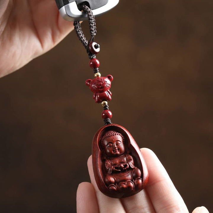 Porte-clés de protection en Buddha Stones en bois de santal rouge à petites feuilles, amulette du zodiaque chinois en cinabre