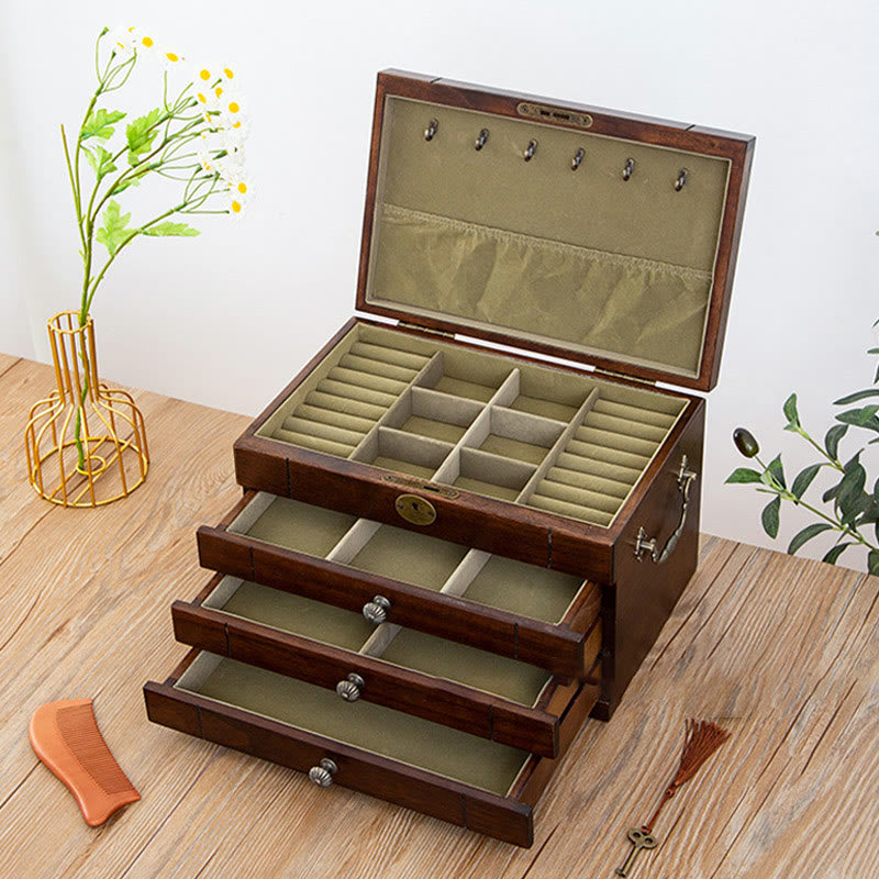 Coffret à bijoux rétro en bois massif Buddha Stones Coffret de rangement à bijoux en bois à quatre niveaux