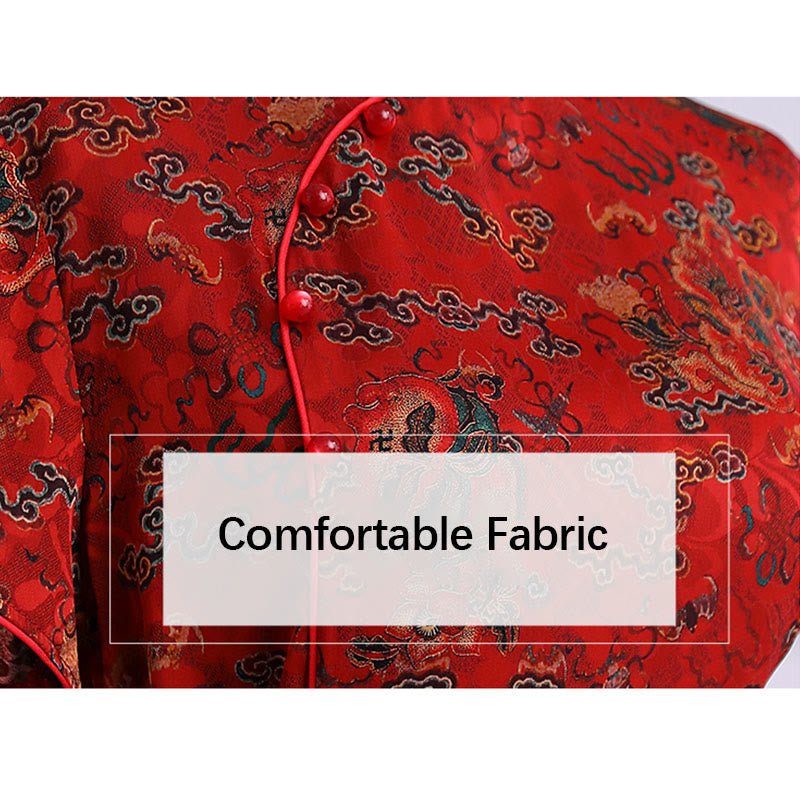 Robe Qipao pour femme avec imprimé feuilles et nuages de bon augure vintage et Buddha Stones