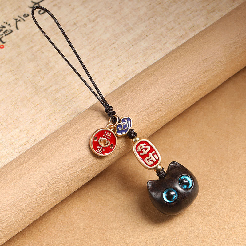 Porte-clés en bois d'ébène avec Buddha Stones, chat porte-bonheur, nuage de bon augure, paix, décoration à suspendre pour téléphone - Chat aux yeux bleus - Décoration suspendue pour téléphone - image 19