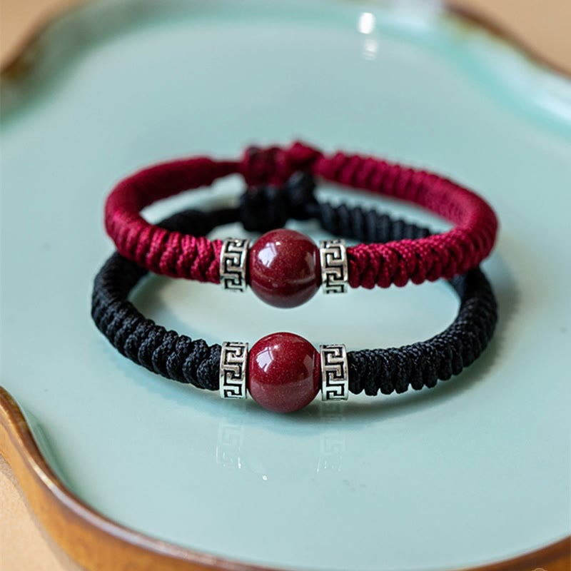Bracelet en argent sterling 925 avec perles de cinabre naturelles et Buddha Stones, fait à la main, tressé et calme