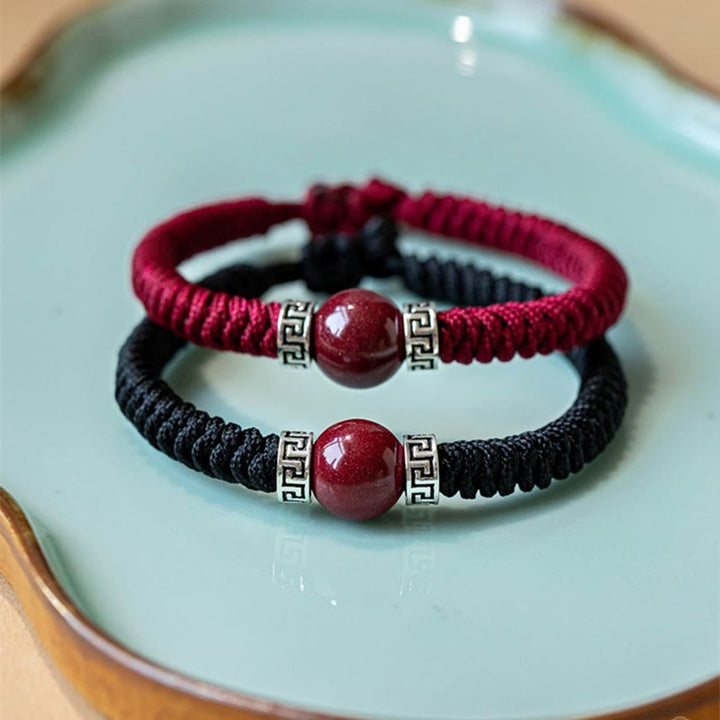 Bracelet en argent sterling 925 avec perles de cinabre naturelles et Buddha Stones, fait à la main, tressé et calme