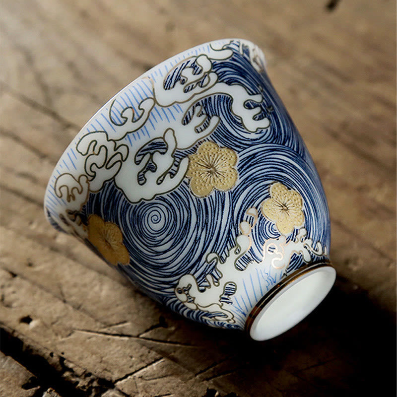Tasse à thé en céramique avec Buddha Stones et vagues de l'océan vintage