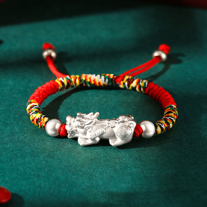 Bracelet tressé pour enfants en argent sterling 999 avec Buddha Stones et nœuds PiXiu Wealth King Kong - PiXiu en argent sterling 999 - Cordon coloré (taille du bracelet : 12 + 4 cm) - image 10