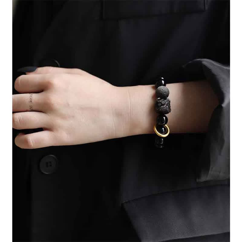 Bracelet Force du Lion en Obsidienne Noire et Argent