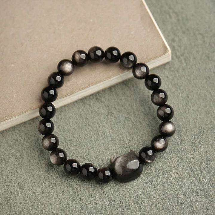 Bracelet de protection porte-bonheur en obsidienne dorée et argentée avec Buddha Stones et jolie patte de chat porte-bonheur - image 15