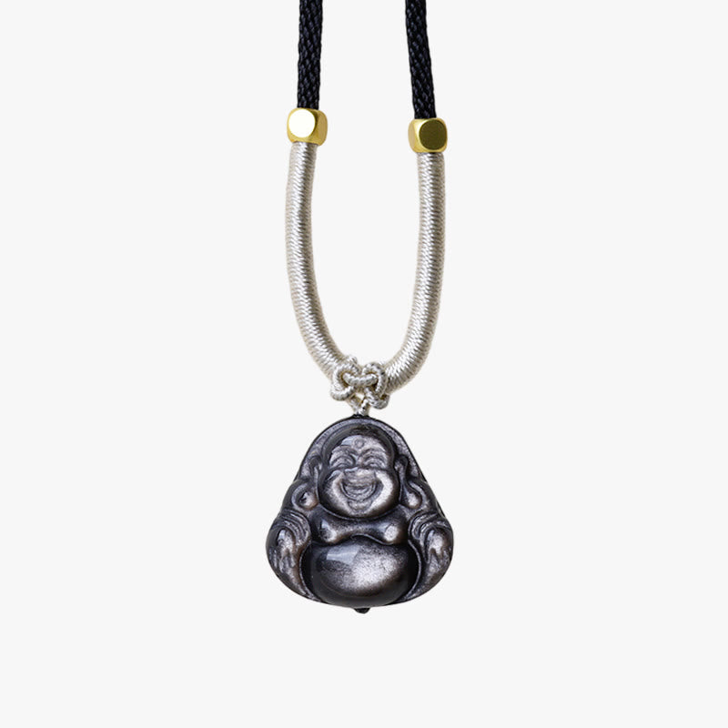 Collier pendentif de protection Buddha Stones rieur en obsidienne argentée naturelle - image 11