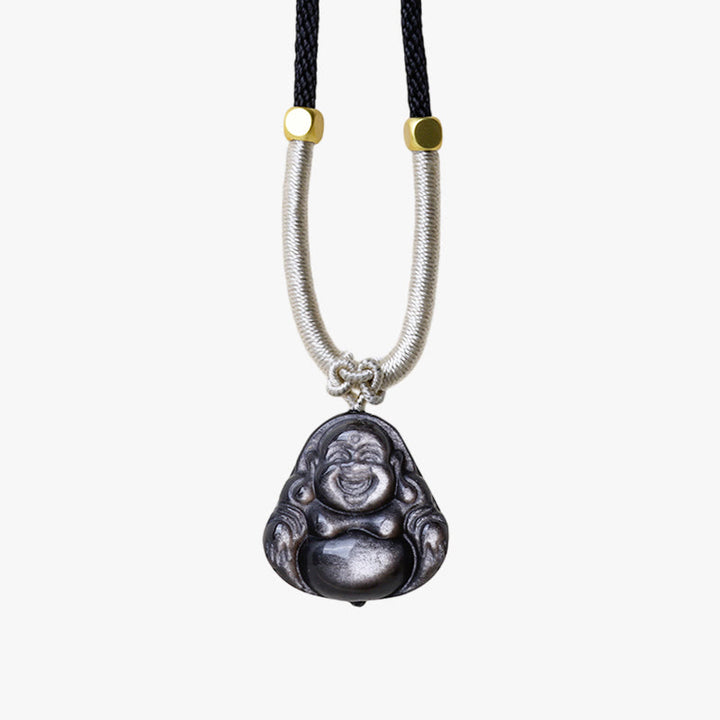 Collier pendentif de protection Buddha Stones rieur en obsidienne argentée naturelle - image 11