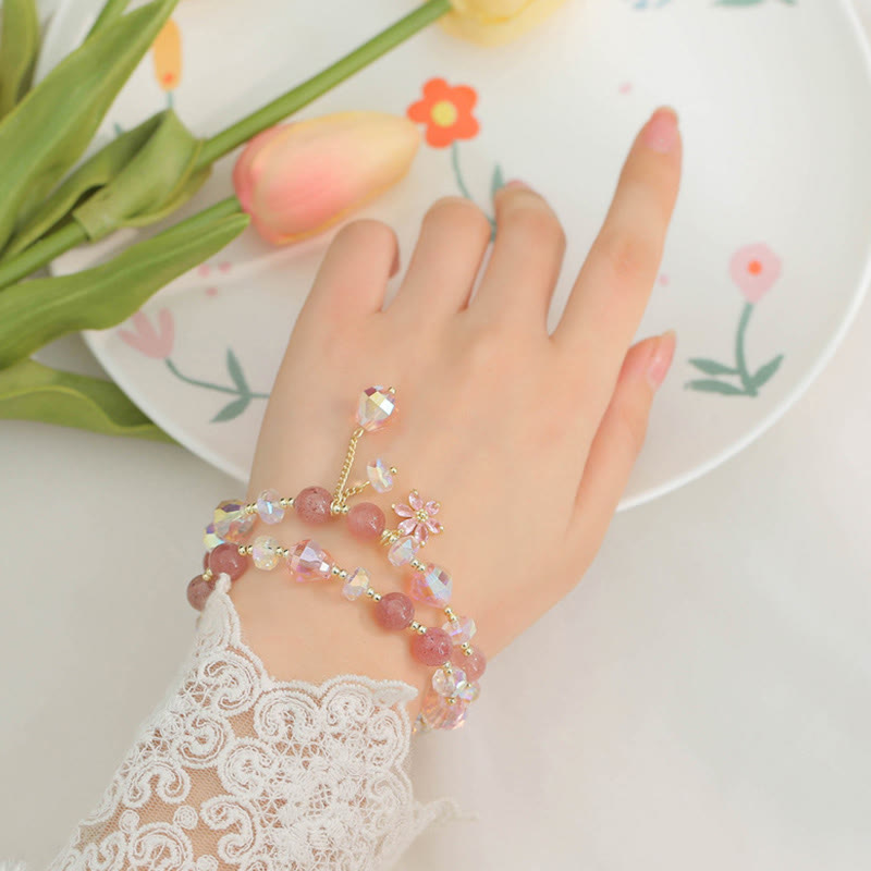 Bracelet double tour de guérison en quartz fraise et zircon en forme de fleur de Buddha Stones