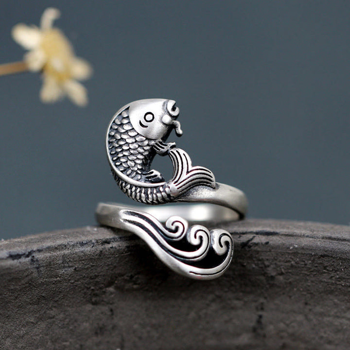 Bague en argent sterling 925 Buddha Stones et poisson koï