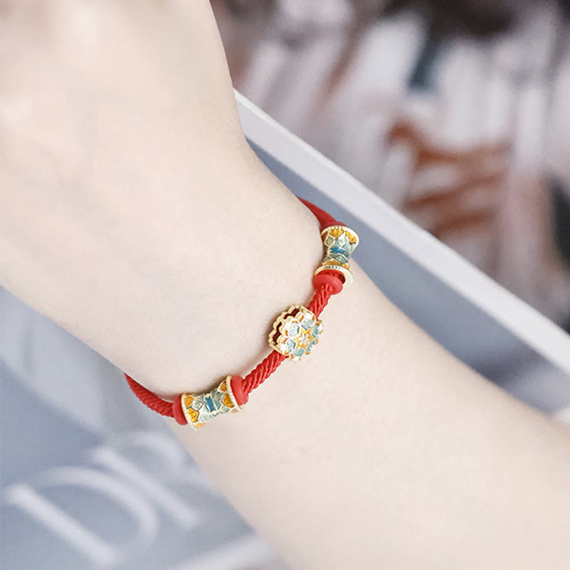 Bracelet en corde rouge en argent sterling 925 avec motif tambour de lotus de Buddha Stones Dunhuang